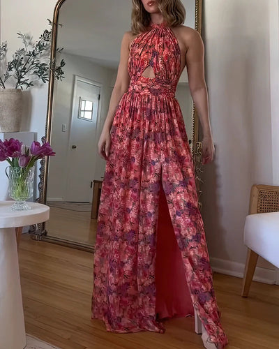 Emma | Somrig Maxiklänning med Öppen Rygg och Blommigt Tryck