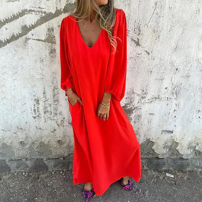 Thilda | Lång Boho Klänning med Fickor
